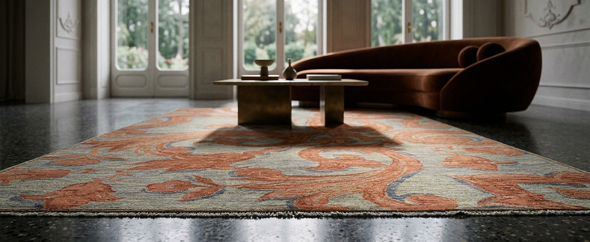 Borr Halı Transitional koleksiyonuna ait, kiremit rengi kıvrımlı klasik desenleriyle öne çıkan ve modern mobilyalarla dekore edilmiş salon halısı.